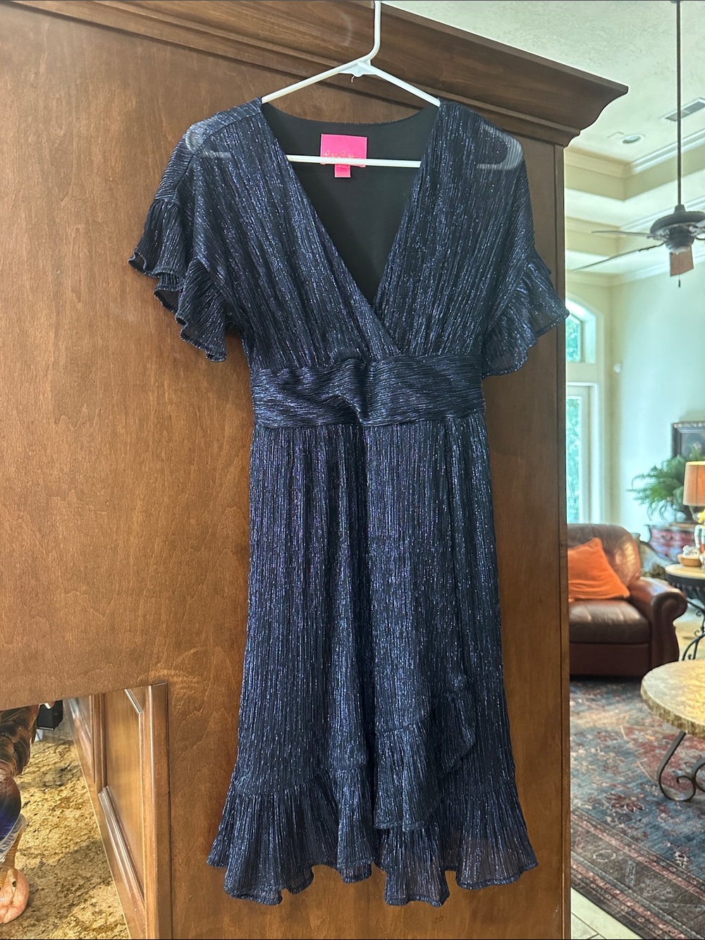 Lilly Pulitzer Navy Metallic V-Neck Ruffle Dress